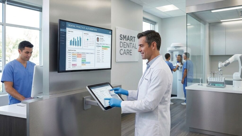 A dentist using a tablet to manage Dental Practice Automation software on a large wall-mounted dashboard in a high-tech clinic.