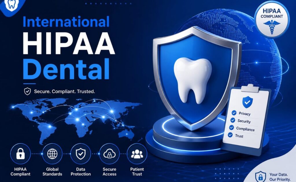 HIPAA Compliance for International Dental Clinics infographic showing a digital shield protecting dental patient data globally.
